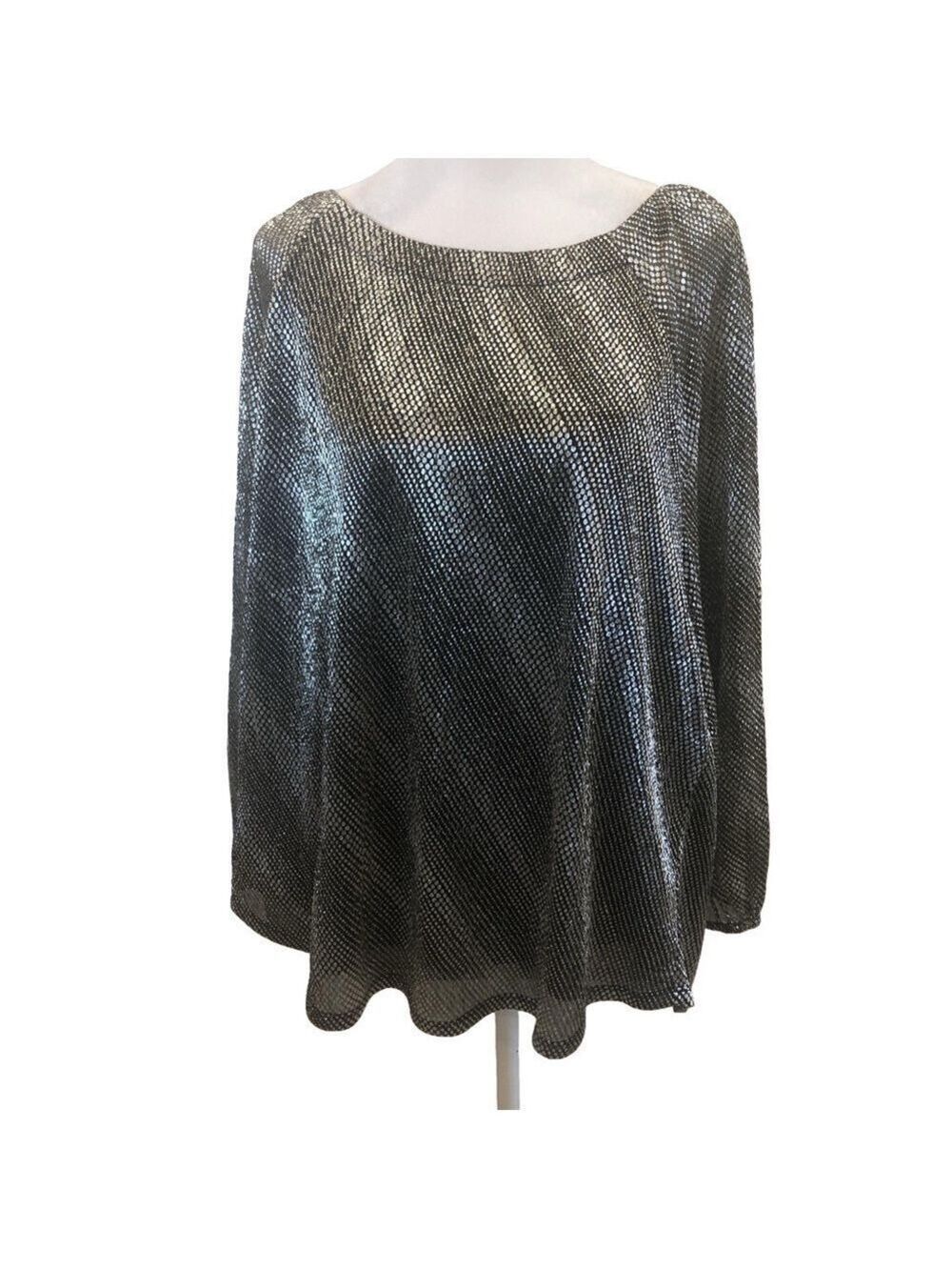 Chico’s Size 4 silver and black metallic pullover top. Sparkle festive bling